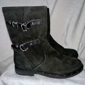 OTBT Boots Womens 7.5M Black Suede Leather Zip Silver Buckles  Mid Calf Biker